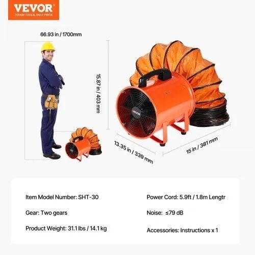 300mm Portable Ventilator, 2 Speed 2894CFM High-Velocity Industrial Utility Blower Fan with 10m Flexible Duct Hose, Exhaust Axial Fan for Basements, Workshops, Warehouses, Orange