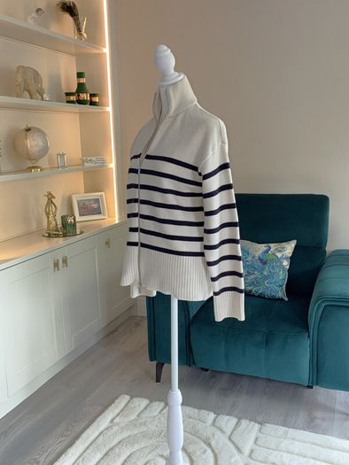 Zara Ladies Beige and Navy Striped Cardigan