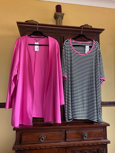 NEW  FURTHER REDUCED from SAMOON a pink casual cardigan with side slits and a matching black and white top with pink trim . Length of both items is 33 inches