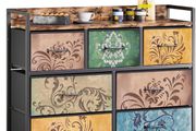 Chest of Drawers, 7 Fabric Drawers Dresser Cabinet with Retro Floral Prints and Vintage Handle, for Bedroom Living Room Entryway, Rustic Brown