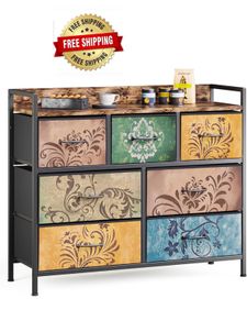 Chest of Drawers, 7 Fabric Drawers Dresser Cabinet with Retro Floral Prints and Vintage Handle, for Bedroom Living Room Entryway, Rustic Brown