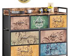Chest of Drawers, 7 Fabric Drawers Dresser Cabinet with Retro Floral Prints and Vintage Handle, for Bedroom Living Room Entryway, Rustic Brown