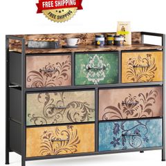 Chest of Drawers, 7 Fabric Drawers Dresser Cabinet with Retro Floral Prints and Vintage Handle, for Bedroom Living Room Entryway, Rustic Brown