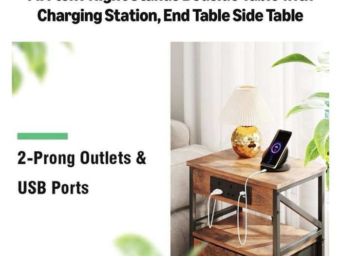 2 PCS Bedside Table with Power Strip, Bedside Cabinet with 2 Drawers, Bed Side Table for Bedroom, Night Stand, 2 AC Outlets, & 2 USB Ports, Side Table with Metal Frame, Rustic Brown