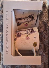 Porcelain cat mug and coaster set
