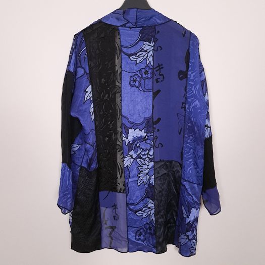 Chico's Blue & Black Patchwork Floral Print Silk Sheer Open-Front Kimono Duster 10-14UK/38-42EU