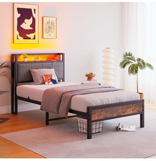 single LED Lights,Metal Upholstered Platform Bed Frame with Charging