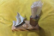VINTAGE Toothpick holder with Ship and Shell Ornament