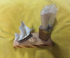 VINTAGE Toothpick holder with Ship and Shell Ornament