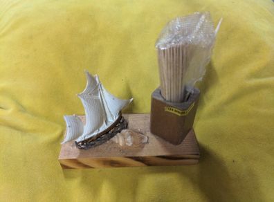VINTAGE Toothpick holder with Ship and Shell Ornament