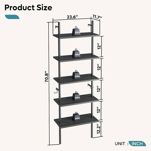 NEW SALE | Ladder Shelf 5-Tier Bookcase Rack 180CM Storage Unit with Metal Frame Floating Wall Shelf for Living Room, Office, Bedroom