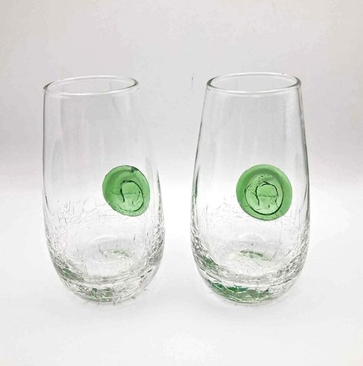Clear Crackle Shot Glass with Applied Green Glass Medallion