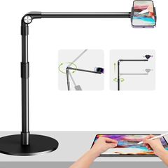 Overhead Phone Mount with Heavy Duty Base, Height Adjustable Phone Stand for Filming, 38cm Long Arm iPhone Holder for Video Recording, Overhead Tripod for iPhone 15 14 13, Android Cell Phone