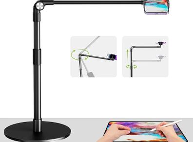 Overhead Phone Mount with Heavy Duty Base, Height Adjustable Phone Stand for Filming, 38cm Long Arm iPhone Holder for Video Recording, Overhead Tripod for iPhone 15 14 13, Android Cell Phone
