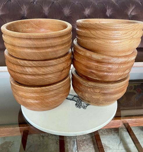 Rare Set 6 Rustic Irish Wood Turned Beehive Style Bowls Retos Shannon 1970s