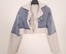 Pretty Little Thing Blue Cream Denim Sherpa Borg Aviator Cropped Jacket 8UK/36EU