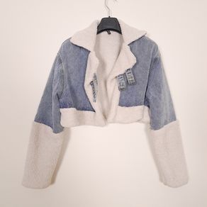 Pretty Little Thing Blue Cream Denim Sherpa Borg Aviator Cropped Jacket 8UK/36EU