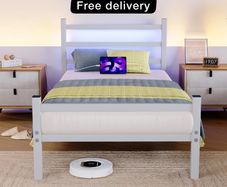 Single Bed Frame with Headboard & LED Lights,Heavy Duty Metal Platform Bed Frame with Charging Station