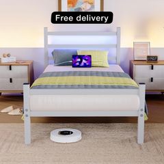 Single Bed Frame with Headboard & LED Lights,Heavy Duty Metal Platform Bed Frame with Charging Station