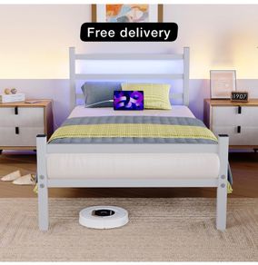 Single Bed Frame with Headboard & LED Lights,Heavy Duty Metal Platform Bed Frame with Charging Station