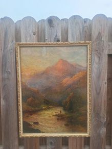 Vintage Ornate Framed Scottish Landscape Print | Highland Cattle & River Fisherman (49.8cm x 44.7cm)