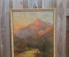 Vintage Ornate Framed Scottish Landscape Print | Highland Cattle & River Fisherman (49.8cm x 44.7cm)