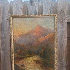 Vintage Ornate Framed Scottish Landscape Print | Highland Cattle & River Fisherman (49.8cm x 44.7cm)