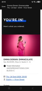 Emma Doran tickets , Front row in block x2