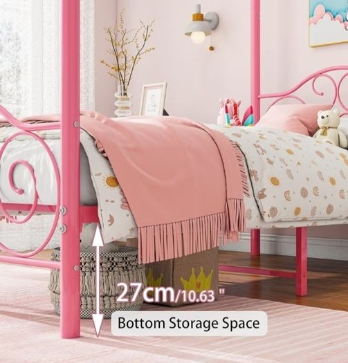 Single Canopy Bed Frame Platform, 90x190cm Single Size Bed Frame with Vintage Headboard and Footboard, Heavy Duty Steel Slats and Support with Mattress Foundation,Pink