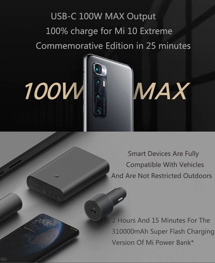 Xiaomi Mi 100W PD/PPS/QC4.0 Dual USB Mobile/Tab/Laptop Super Fast Car Charger + 1M USB-C PD 100W Charging Cable (Brand New/Warranty)