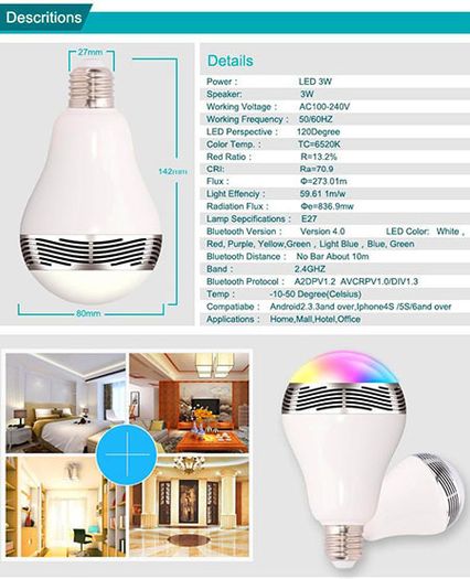 SmartBulb Wireless Bluetooth Audio Speakers E27 LED RGB Light Music Bulb