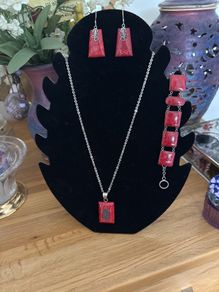 925 Silver Hallmarked Red Coral Pendant, Earrings and Bracelet Set