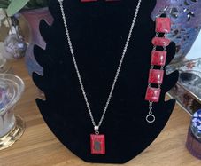 925 Silver Hallmarked Red Coral Pendant, Earrings and Bracelet Set
