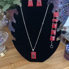 925 Silver Hallmarked Red Coral Pendant, Earrings and Bracelet Set