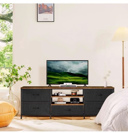 TV Stand Cabinet, TV Unit with 5 Drawers, 140 cm, Black TV Console Table with Storage Organizers, Entertainment Center with Open Shelf for Living Room, Bedroom