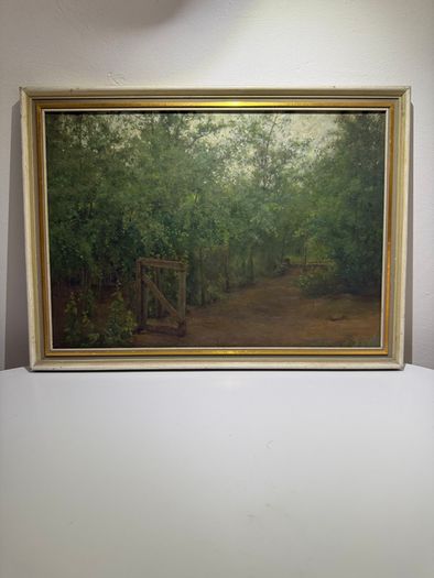 Original Oil Painting Woodland Lane Gate, Charles Webb Print Shop Dublin Label