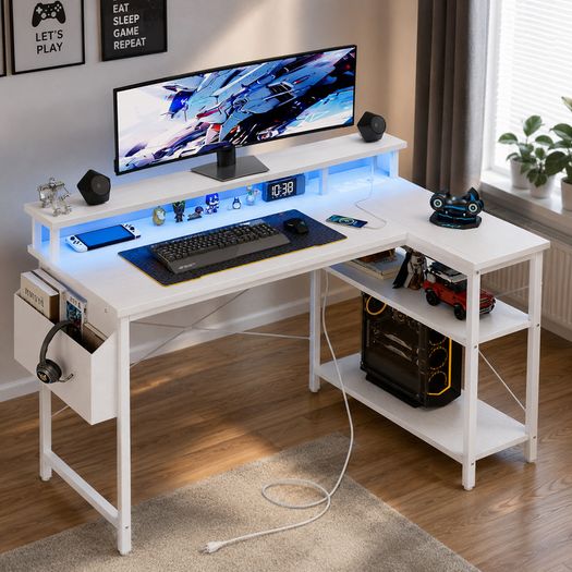L Shaped Desk with LED Lights & Power Outlets, 100 cm Gaming Desk with 2 Shelves, Computer Table with Monitor Stand