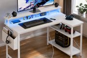 L Shaped Desk with LED Lights &amp; Power Outlets, 100 cm Gaming Desk with 2 Shelves, Computer Table with Monitor Stand