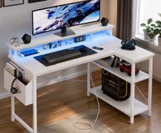 L Shaped Desk with LED Lights & Power Outlets, 100 cm Gaming Desk with 2 Shelves, Computer Table with Monitor Stand