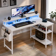 L Shaped Desk with LED Lights & Power Outlets, 100 cm Gaming Desk with 2 Shelves, Computer Table with Monitor Stand