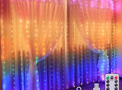 Curtain Fairy Waterproof Curtain Lights USB Fairy String Lights 3Mx2.8M, LED Window Lights, Remote Control, 280LED RGB Curtain Light for Bedroom Outdoor Indoor Christmas Decoration