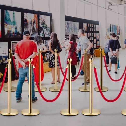 Crowd Control Stanchion, Set of 8 Pieces Stanchion Set, Stanchion Set with 5 ft/1.5 m Red Velvet Rope, Gold Crowd Control Barrier w/ Sturdy Concrete and Metal Base  Easy Connect Assembly
