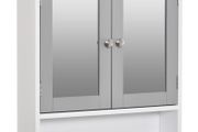 Mirror Cabinet Wall Mounted with Double Mirrored Doors, Hanging Cabinet with Cupboard and Shelf, Bathroom Wall Storage Organizer, Grey