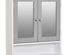 Mirror Cabinet Wall Mounted with Double Mirrored Doors, Hanging Cabinet with Cupboard and Shelf, Bathroom Wall Storage Organizer, Grey