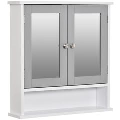 Mirror Cabinet Wall Mounted with Double Mirrored Doors, Hanging Cabinet with Cupboard and Shelf, Bathroom Wall Storage Organizer, Grey
