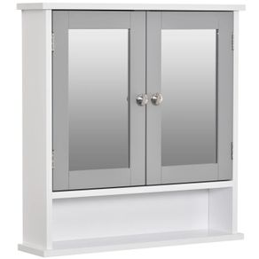 Mirror Cabinet Wall Mounted with Double Mirrored Doors, Hanging Cabinet with Cupboard and Shelf, Bathroom Wall Storage Organizer, Grey