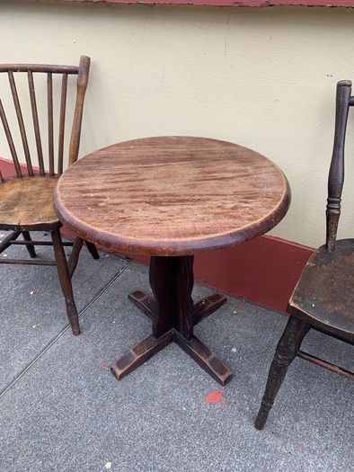 Sturdy Old Irish Country Chairs and two Vintage Round Tables suitable for cottage/pub
