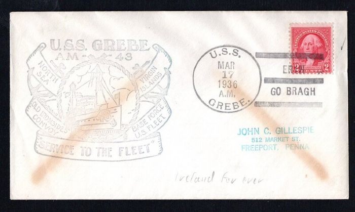 1936 USA USS Grebe (Clemson-class destroyer in the United States Navy) with a cancel of 17th March 1936 with "Eire Go Bragh" (Ireland forever) slogan on 2c Washington stamp