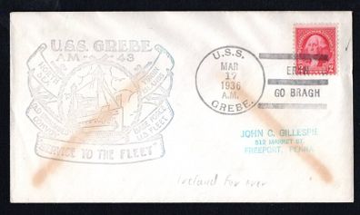 1936 USA USS Grebe (Clemson-class destroyer in the United States Navy) with a cancel of 17th March 1936 with "Eire Go Bragh" (Ireland forever) slogan on 2c Washington stamp