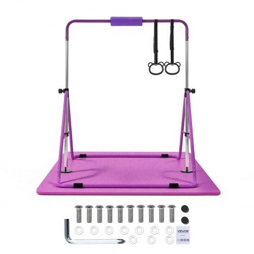 Gymnastic Bars for Kids, 63.5 kg Capacity Folding Training Kip Bar with Mat, Adjustable Height Gymnastic Horizontal Bar for Home, Training Equipment for Indoor Outdoor, Easy to Assemble, Purple